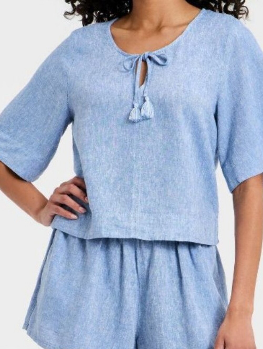 SET of 2 Universal Thread Chambray Linen Blend Peasant Top & Shorts NWT